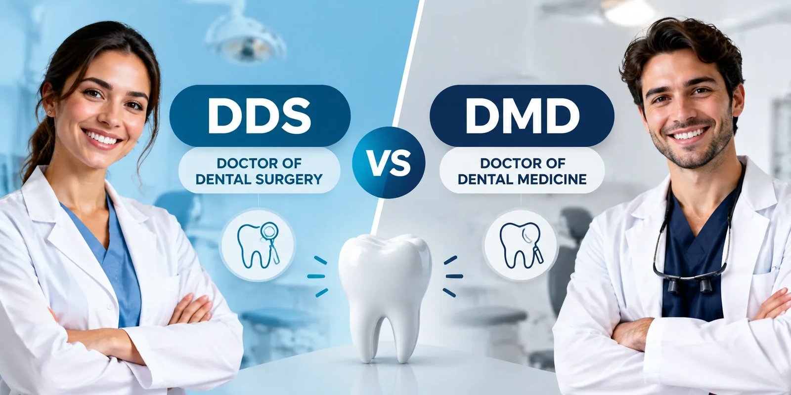 A split comparison of two smiling dentists in white coats: DDS, Doctor of Dental Surgery, versus DMD, Doctor of Dental Medicine, a large tooth model between them.