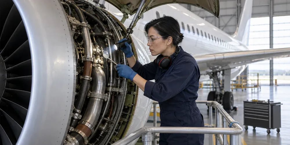 An aircraft mechanic in coveralls inspects a jet engine with a flashlight in a hangar.