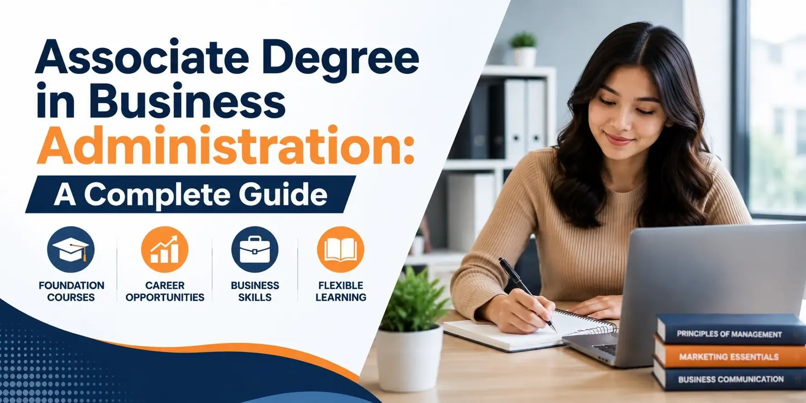 Student studying business administration with a laptop, notebook, business books, and education and career icons.