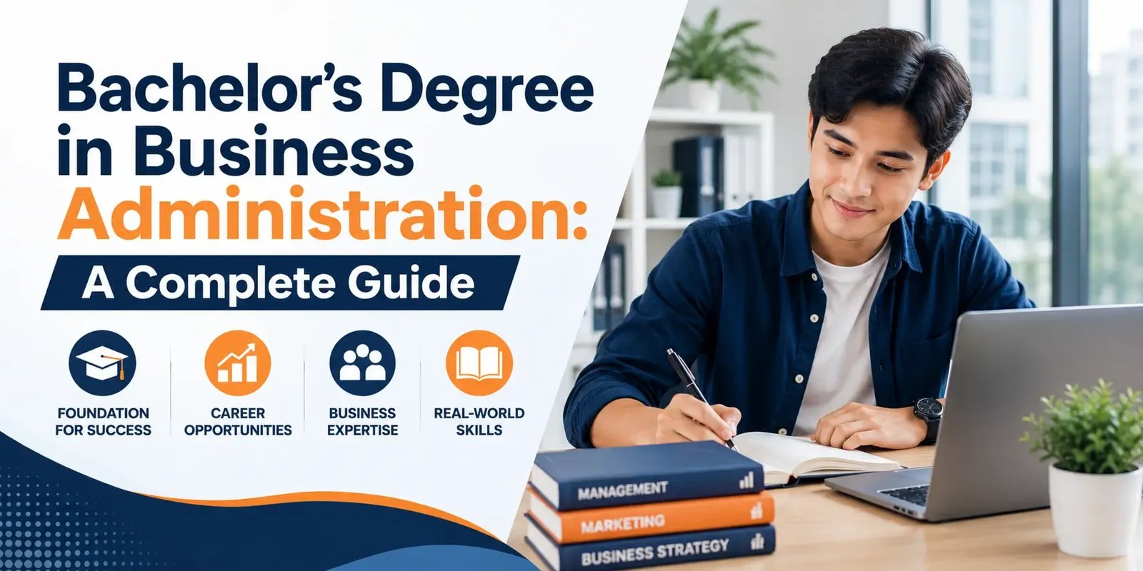 Student studying business administration with a laptop, notebook, business textbooks, and career-focused education icons.
