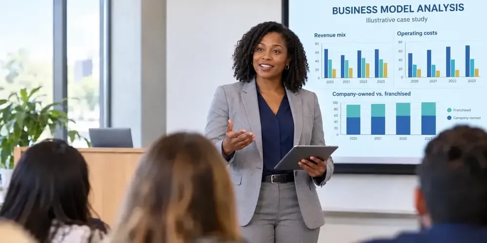 A businesswoman presents to a seated audience, gesturing with a tablet, business charts on the screen behind her.
