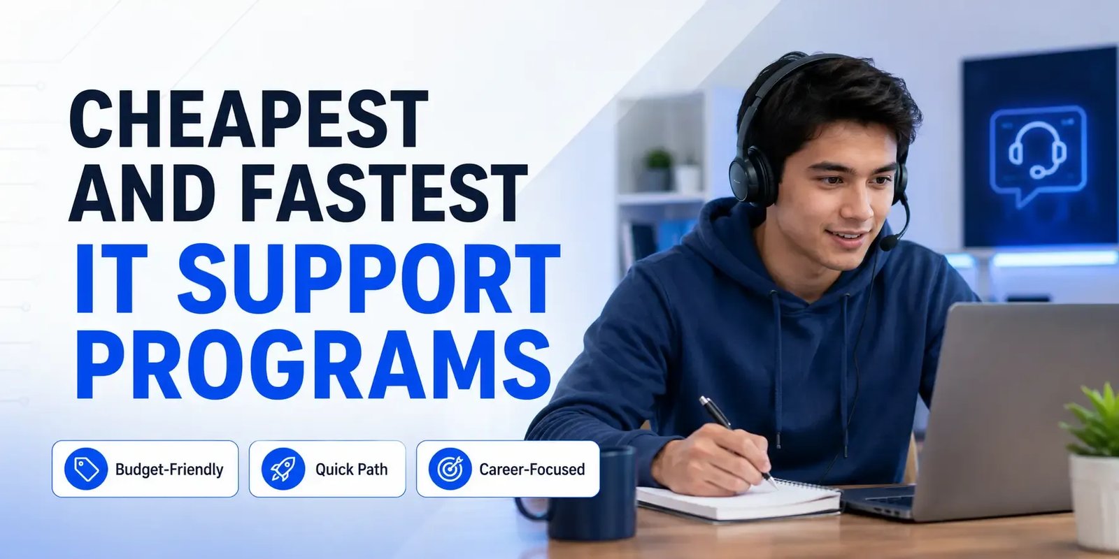 Student completing an online IT support program using a laptop and headset.