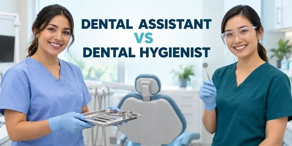 On one side, an assistant in light blue scrubs holds an instrument tray; on the other, a hygienist in teal scrubs holds a mouth mirror, with the text Dental Assistant vs Dental Hygienist.