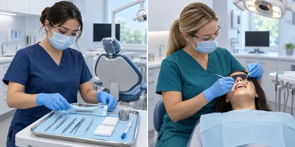 Side by side, an assistant in navy scrubs arranges instruments and gauze on a tray, while a hygienist in teal scrubs examines the teeth of a reclined patient in tinted safety glasses.