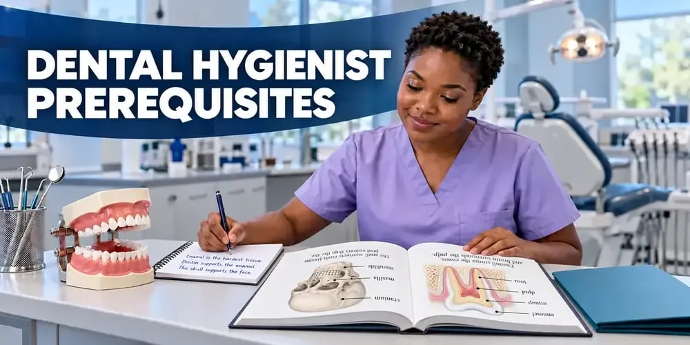 A student in lavender scrubs takes notes at a desk, an anatomy textbook open to a skull and a tooth cross-section in front of her, with the text Dental Hygienist Prerequisites.