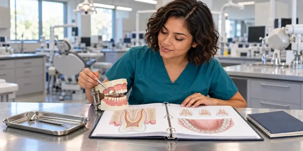 In a training clinic lined with chairs, a student in teal scrubs points a probe at a model jaw, an open binder of gum and tooth diagrams beside her.