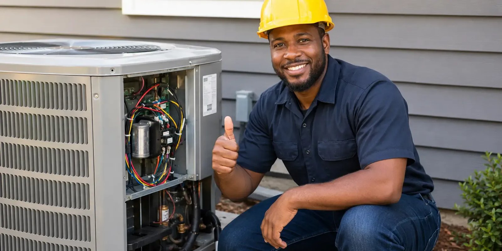 HVAC technician kneeling beside an outdoor AC condenser with an open service panel, smiling and giving a thumbs-up.