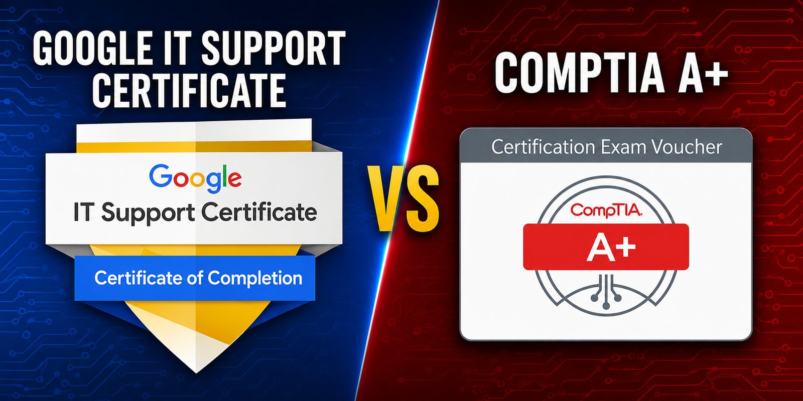 A VS split comparing Google IT Support Certificate and CompTIA A+: a Certificate of Completion badge against a Certification Exam Voucher.