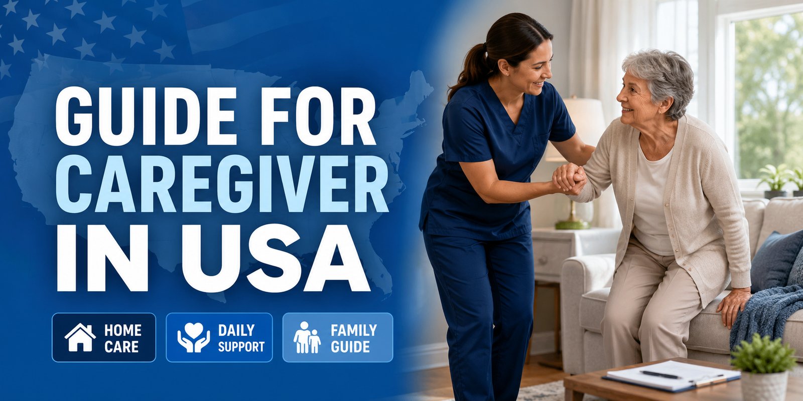 A female caregiver in navy scrubs helps an older woman up from a couch in a sunlit living room, with the text Guide for Caregiver in USA and labels: Home Care, Daily Support, and Family Guide.