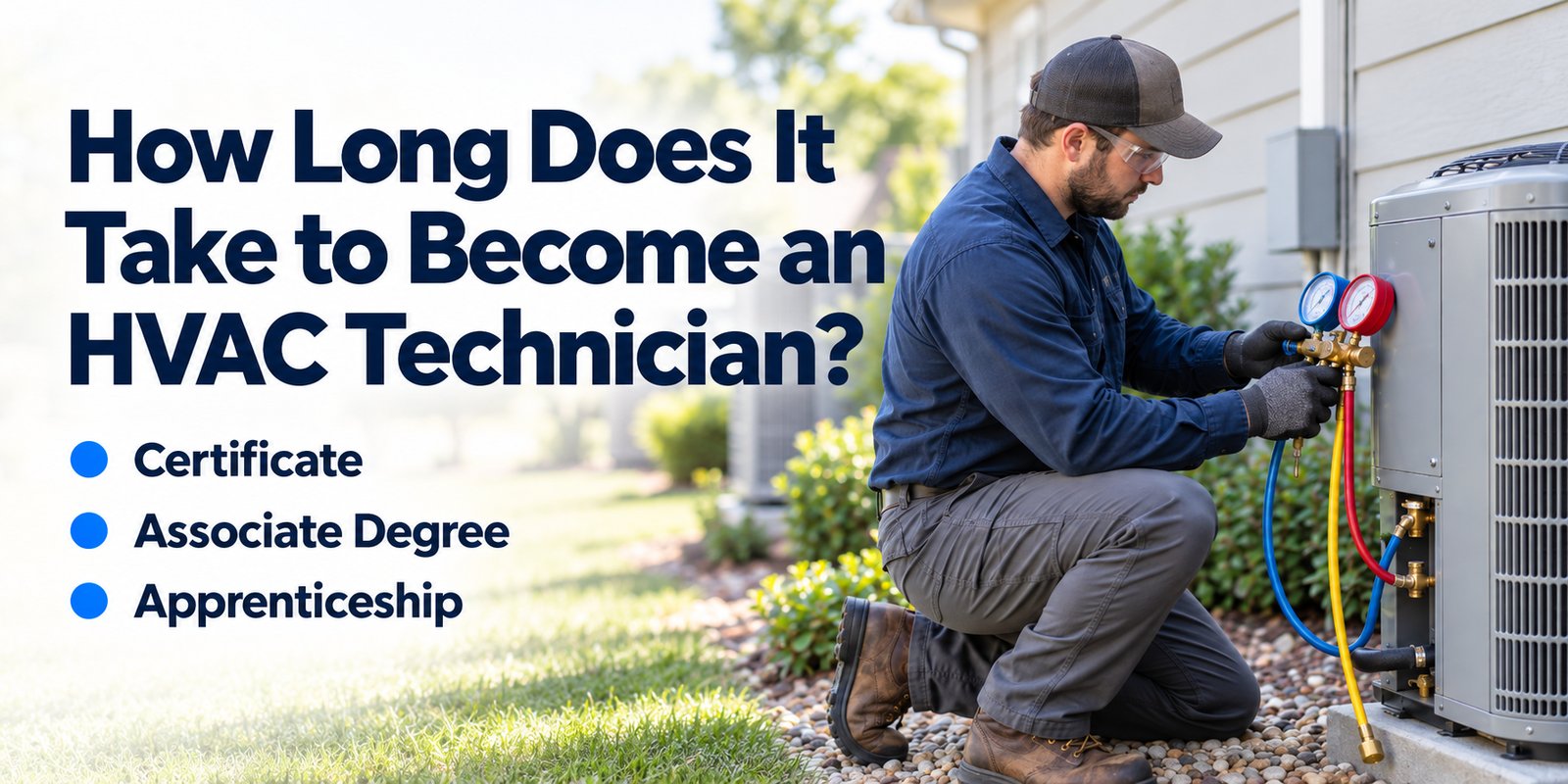 HVAC technician in safety glasses and gloves connecting a manifold gauge set at an outdoor condenser unit, beside three training routes: certificate or diploma, associate degree, and apprenticeship.