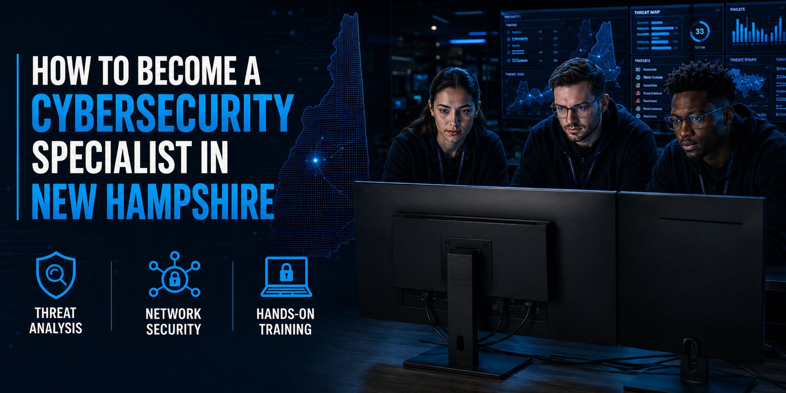 In a dark operations center, three cybersecurity specialists focus on monitors as wall screens display threat maps and charts, with the text How to Become a Cybersecurity Specialist in New Hampshire and labels: Threat Analysis, Network Security, and Hands-on Training.