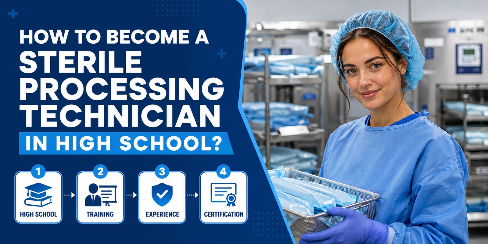 A gowned tech holds a tray of wrapped packs beside a four-step path: High School, Training, Experience, and Certification, with the text How to Become a Sterile Processing Technician in High School?