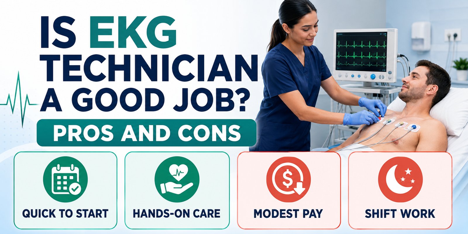Pros and cons summary weighing whether EKG technician is a good job, with two benefits and two drawbacks.