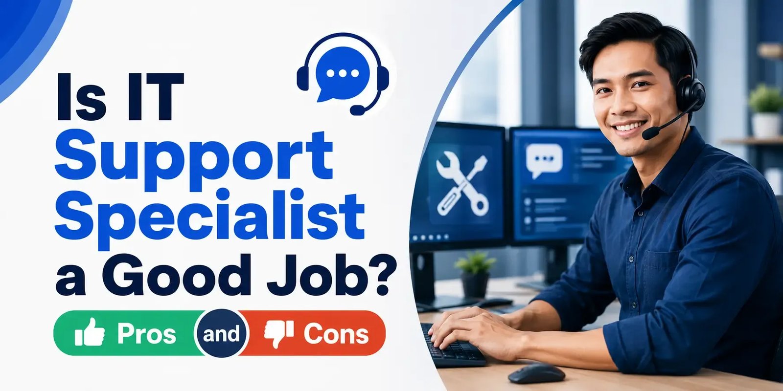 **Alt text:** **IT support specialist wearing a headset at a computer desk beside bold text reading “Is IT Support Specialist a Good Job? Pros and Cons.”**