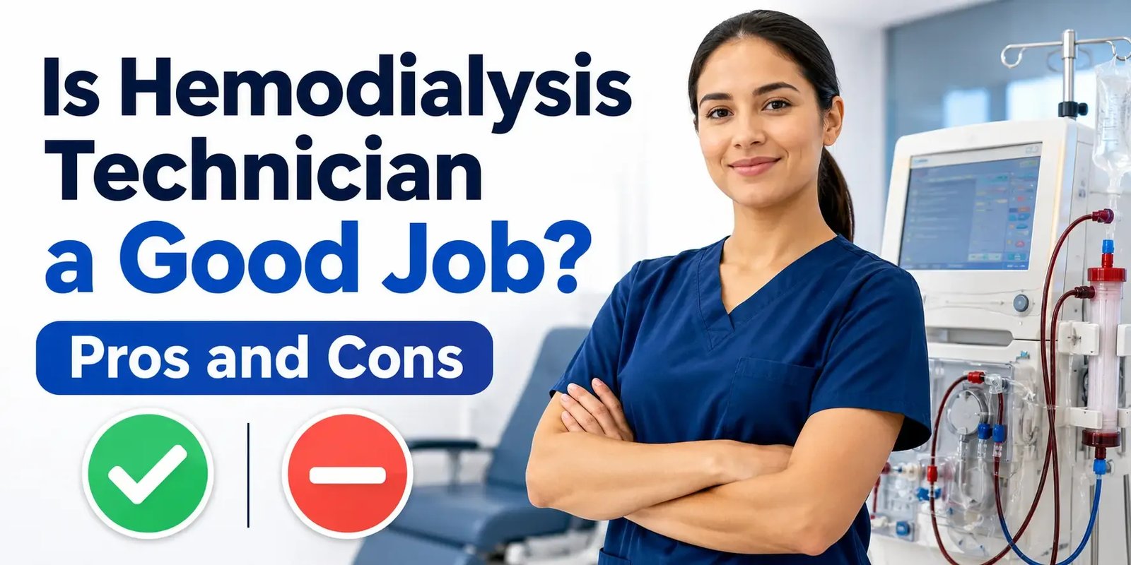 Hemodialysis technician standing beside a dialysis machine with bold text reading “Is Hemodialysis Technician a Good Job? Pros and Cons.