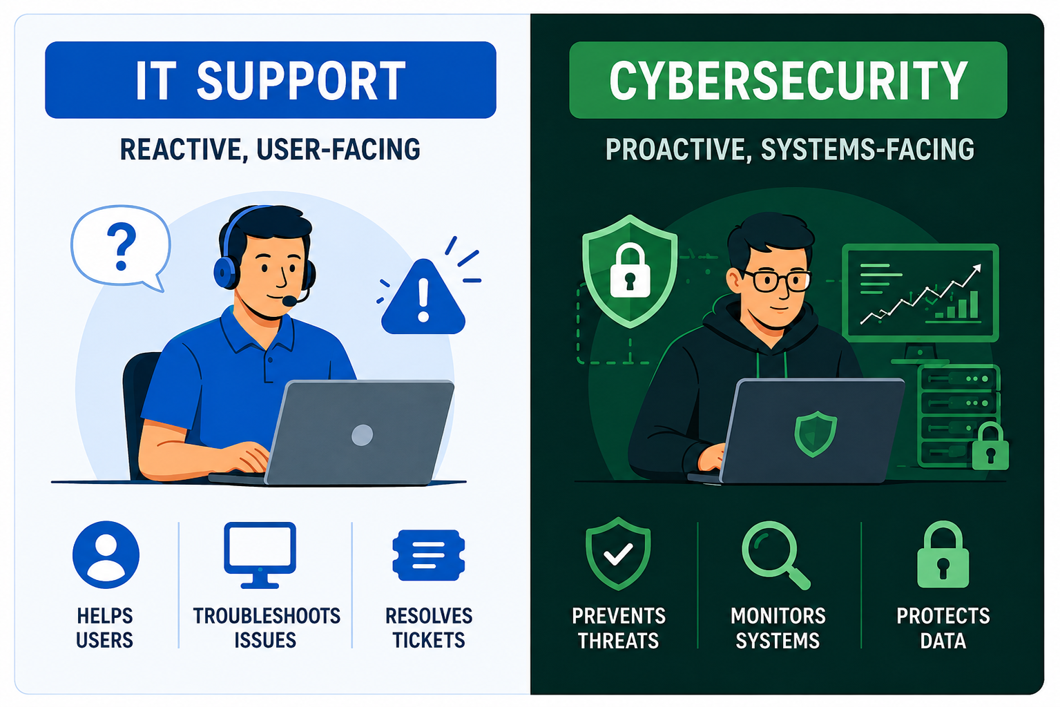 A split comparison: IT Support, reactive and user-facing (helps users, troubleshoots, resolves tickets), versus Cybersecurity, proactive and systems-facing (prevents threats, monitors systems, protects data).