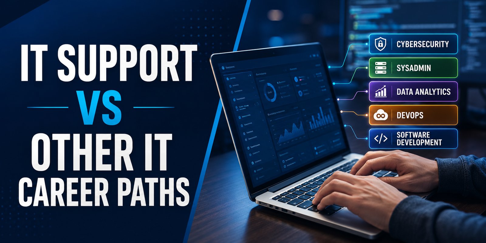 Hands type on a laptop dashboard, with the text IT Support vs Other IT Career Paths and labels: Cybersecurity, Sysadmin, Data Analytics, DevOps, and Software Development.
