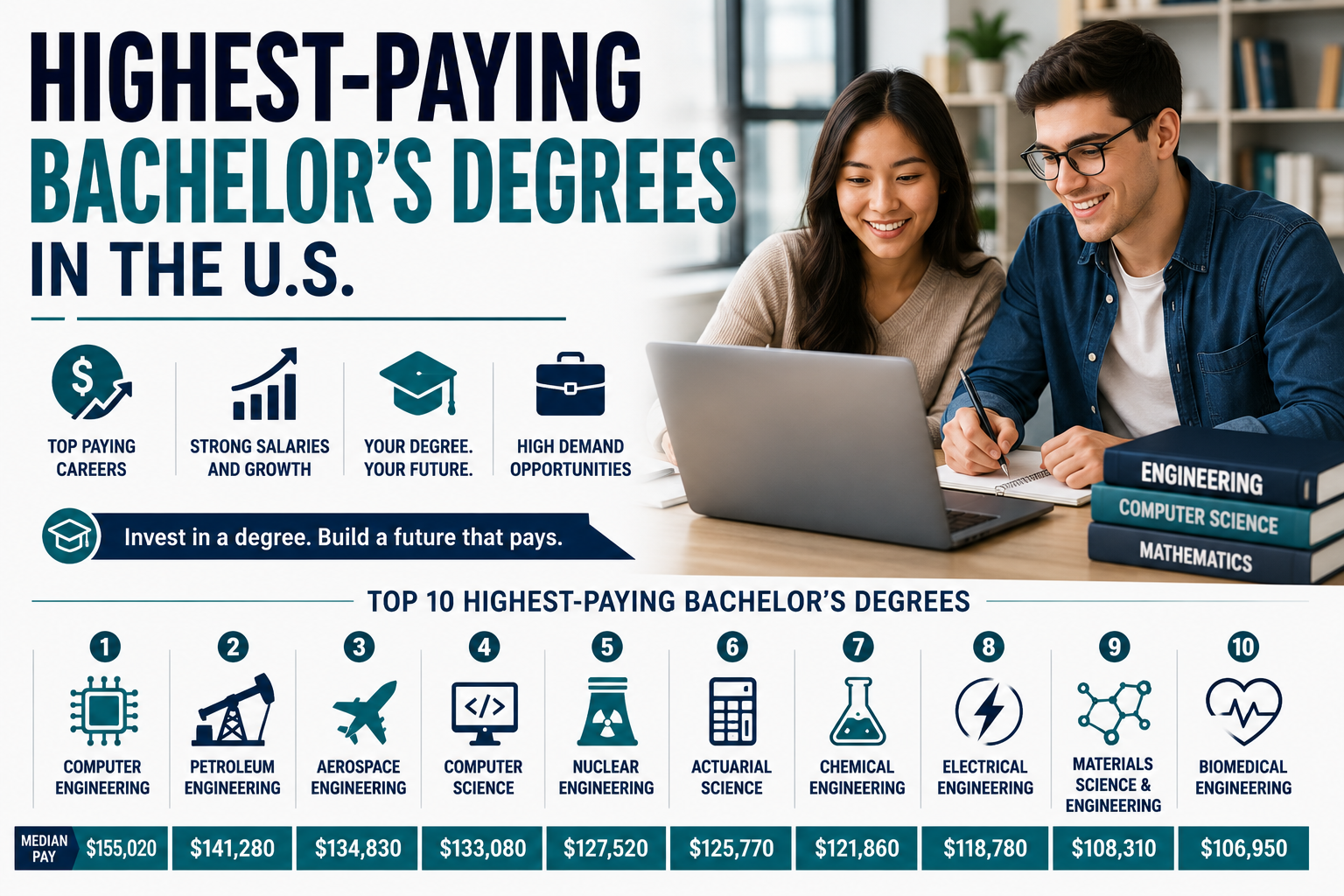 Ranked list of the 10 highest-paying bachelor's degrees in the U.S. with median pay for each.