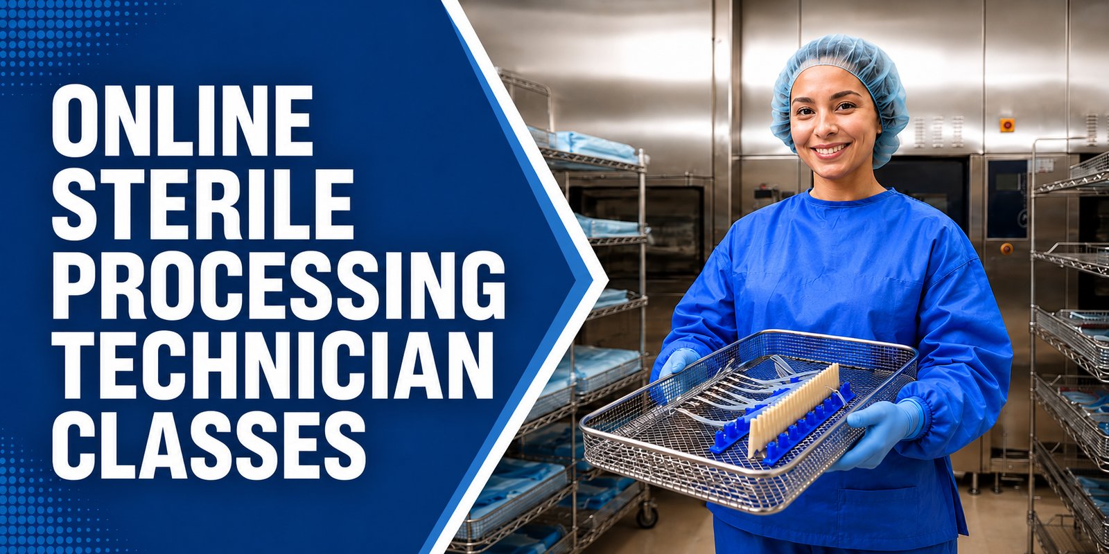 Among racks of wrapped packs, a capped tech holds a mesh tray of instruments, with the text Online Sterile Processing Technician Classes.
