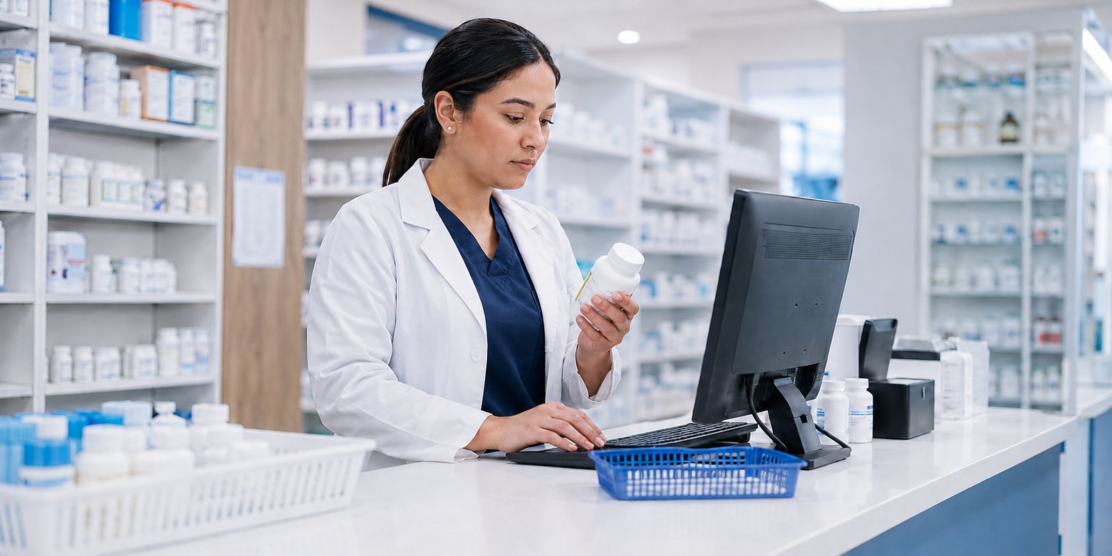 A female pharmacy tech in a white lab coat reads a medication bottle while typing at a pharmacy counter, shelves of pill bottles behind her.