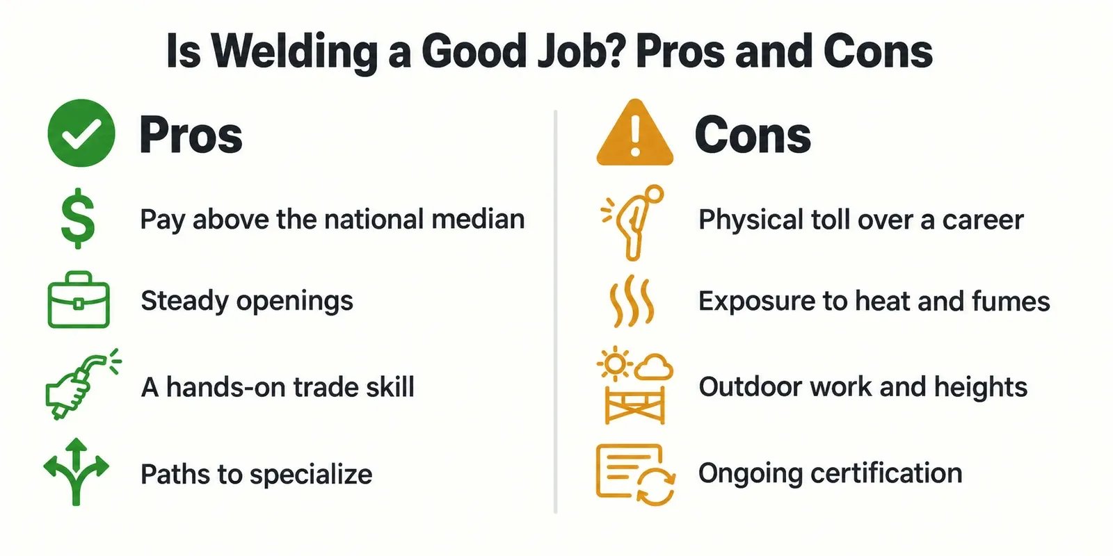 Pros and cons of a welding career. Pros: pay above the national median, steady openings, a hands-on trade skill, paths to specialize. Cons: physical toll over a career, exposure to heat and fumes, outdoor work and heights, ongoing certification.