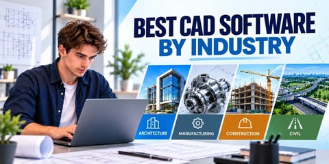 A young man works at a laptop, with the text Best CAD Software by Industry and four industry panels: Architecture, Manufacturing, Construction, and Civil.