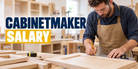 A cabinetmaker wearing safety glasses and a shop apron marks a hardwood cabinet door with a combination square at a workbench