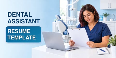 A woman in navy scrubs sits at a desk with an open laptop, reading printed pages, a treatment chair behind her, with the text Dental Assistant Resume Template.
