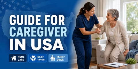 A female caregiver in navy scrubs helps an older woman up from a couch in a sunlit living room, with the text Guide for Caregiver in USA and labels: Home Care, Daily Support, and Family Guide.