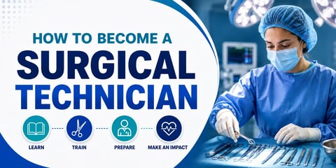 A surgical technician in full operating-room attire arranges sterile instruments beside bold text reading “How to Become a Surgical Technician,” with simple icons for learning, training, preparation, and impact.