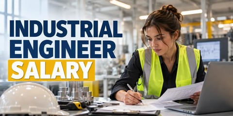 An industrial engineer in a safety vest reviews technical plans at a manufacturing facility, with the text Industrial Engineer Salary.