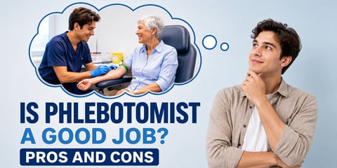A young man rests his chin, a thought bubble showing him as a phlebotomist drawing blood, with the text Is Phlebotomist a Good Job? Pros and Cons.