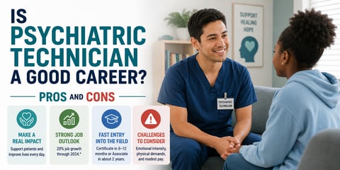 Pros and cons summary weighing whether psychiatric technician is a good career, with three benefits and one set of challenges.