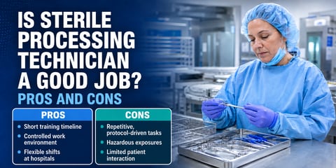 Pros short training, controlled environment, flexible shifts; cons repetitive tasks, hazardous exposures, limited patient contact, with the text Is Sterile Processing Technician a Good Job? Pros and Cons.