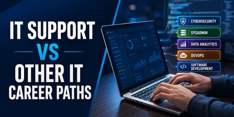 Hands type on a laptop dashboard, with the text IT Support vs Other IT Career Paths and labels: Cybersecurity, Sysadmin, Data Analytics, DevOps, and Software Development.