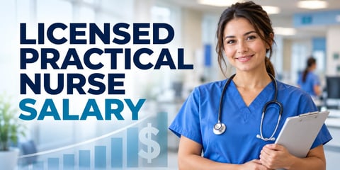 A licensed practical nurse in blue scrubs holds a clipboard beside a rising salary chart, with the text Licensed Practical Nurse Salary.