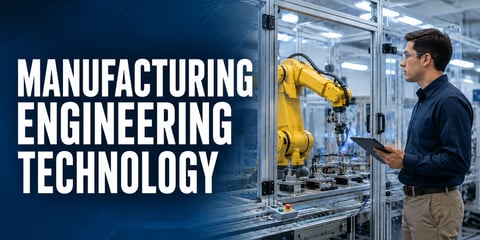 A manufacturing engineering technologist in safety glasses holds a tablet beside a yellow robotic arm in an automation cell, with the text Manufacturing Engineering Technology.