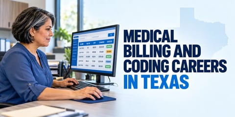 A woman types at a monitor showing a claims queue with ICD-10 and CPT codes, charges, and statuses marked ready, in review, or pending, with the text Medical Billing and Coding Careers in Texas.
