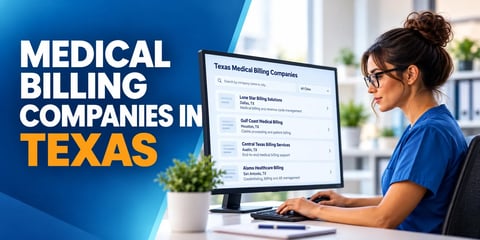 A woman in blue scrubs types at a monitor showing a searchable company directory for Dallas, Houston, Austin, and San Antonio, with the text Medical Billing Companies in Texas.