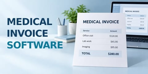 A printed invoice stands on a desk listing an office visit at $120.00, lab work at $65.00, and imaging at $95.00 for a $280.00 total, the same invoice on a laptop behind it, with the text Medical Invoice Software.