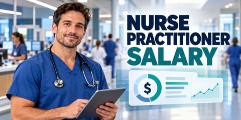 A nurse practitioner in blue scrubs holds a tablet in a hospital beside salary charts, with the text Nurse Practitioner Salary.