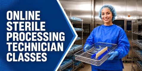 Among racks of wrapped packs, a capped tech holds a mesh tray of instruments, with the text Online Sterile Processing Technician Classes.