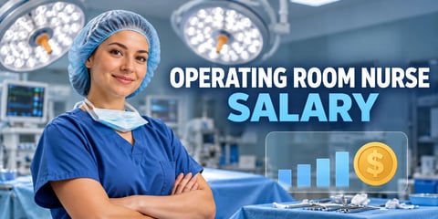 An operating room nurse in blue scrubs and a surgical cap stands in an OR beside surgical lights and instruments, with the text Operating Room Nurse Salary.