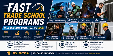 Fast Trade School Programs banner featuring trade careers, including CDL, solar, welding, HVAC, automotive, wind, industrial maintenance, and electrical.