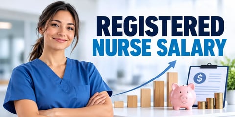 A registered nurse in blue scrubs stands beside rising salary bars, coins, and a piggy bank, with the text Registered Nurse Salary.
