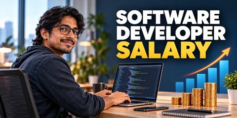 A software developer works on a laptop beside rising bars and stacked coins, with the text Software Developer Salary.