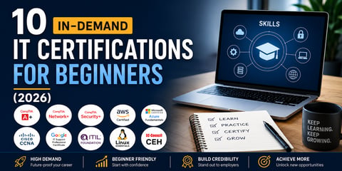 10 In-Demand IT Certifications for Beginners banner with laptop, checklist, and badges for IT credentials.
