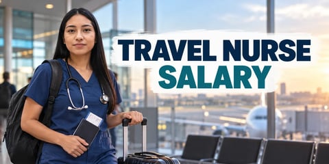 A travel nurse in blue scrubs stands with luggage and a passport at an airport, with the text Travel Nurse Salary.