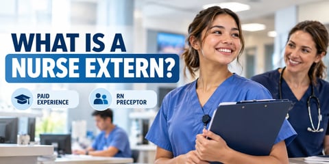 A nurse extern in blue scrubs stands with an RN preceptor in a hospital, with the text What Is a Nurse Extern? and labels for paid experience and RN supervision.