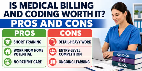 Pros and cons breakdown for the question "Is medical billing and coding worth it," with three benefits and three drawbacks detailed below.